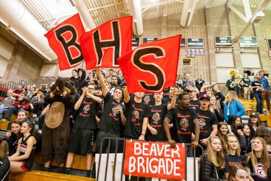 (Photo courtesy of Ed Tanaka)The Beaver Brigade waving their BHS flags at Ballard's home game against Ingraham.