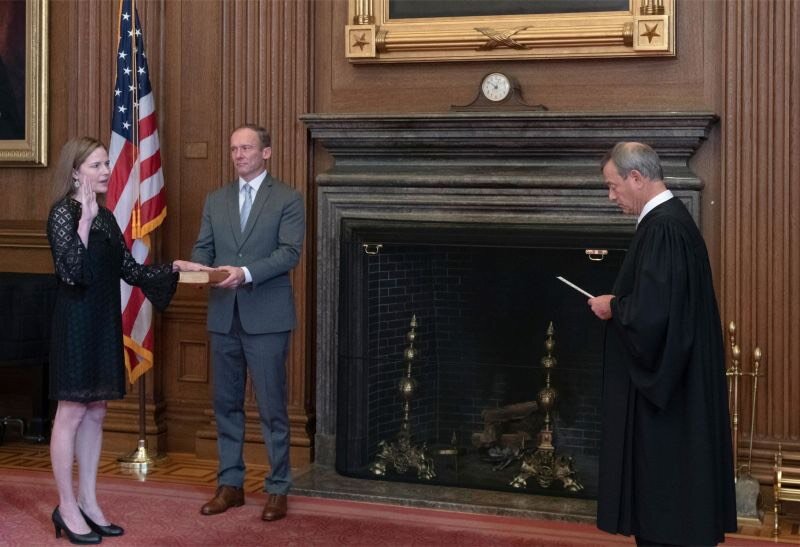 Fred Schilling via CNNJudge Amy Coney Barrett is sworn into the United States Supreme Court.
