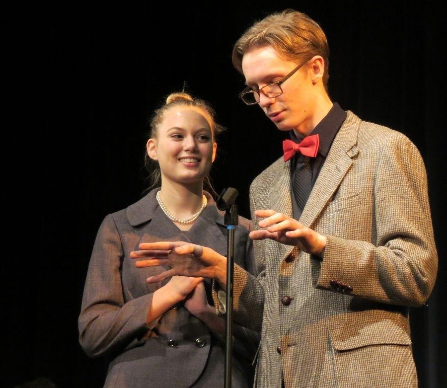 Greta RainbowSeniors Alia Collins- Friedrichs and Duncan Bozko play moderator Rona Peretti and Vice Principal Douglas Panch, respectively. Their wry commentary and humorous vocabulary sets the stage for the show.