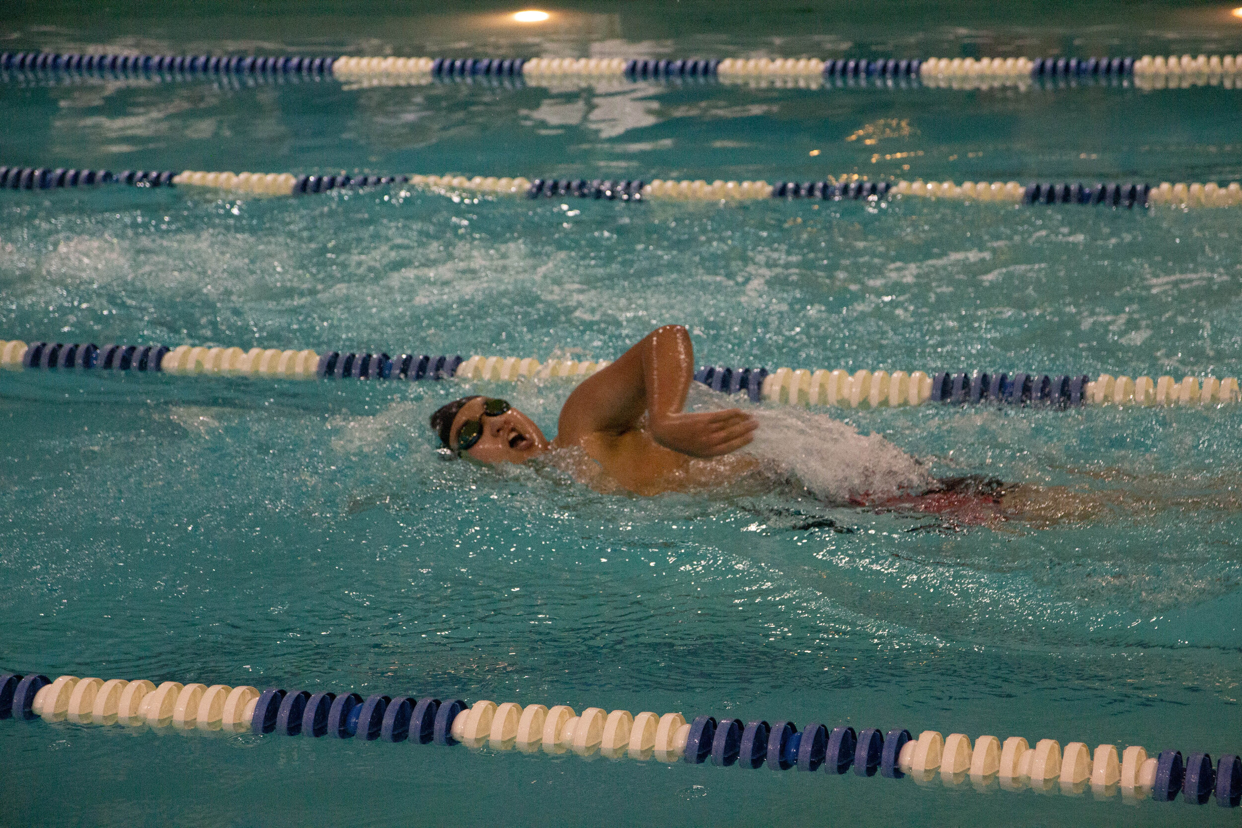 ﻿(Skye McDonald)Freshman Leonard Paya swims during a meet against Nathan Hale on Jan. 19 at Evans Pool.