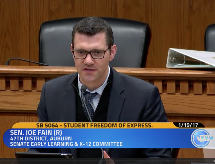 A screen shot of Senator Joe Fain discussing the importance of Senate Bill 5064. The bill seeks to protect free press by limiting the possibility of administrative censorship of student media.