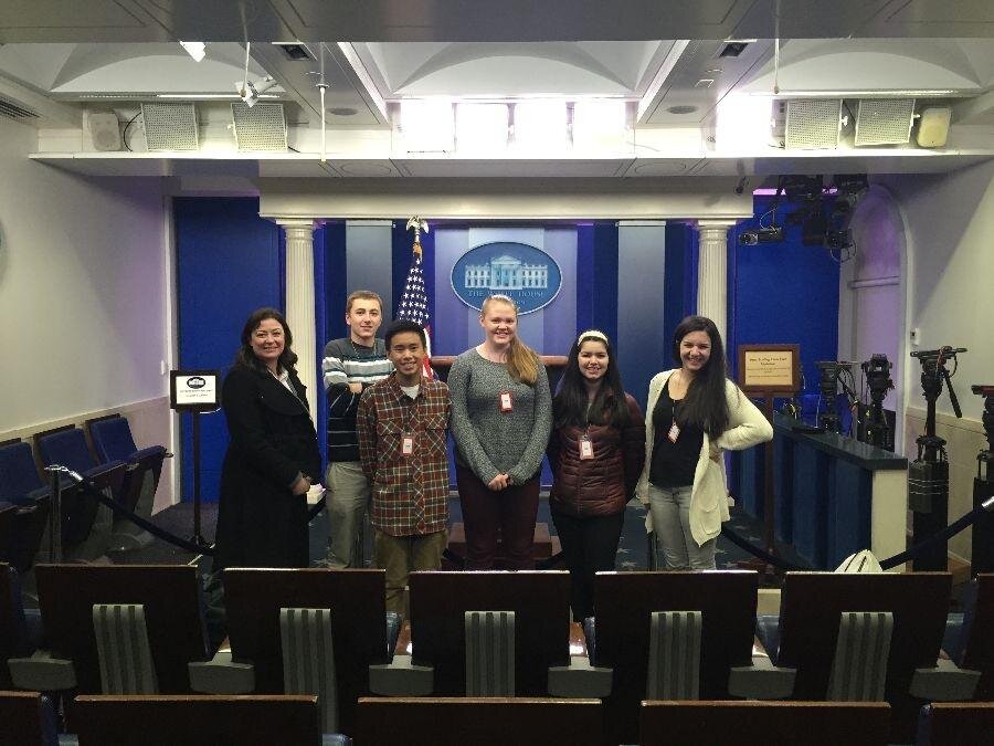 Mika L. RothmanThe journalists fittingly ended their tour of The White House with a visit in the press room. Left to Right: chaperone Nikki Shockley, sophomore Sam Heikell, sophomore Max Miyake, junior Ruby Stauffer, sophomore Gianna Barbadillo and …