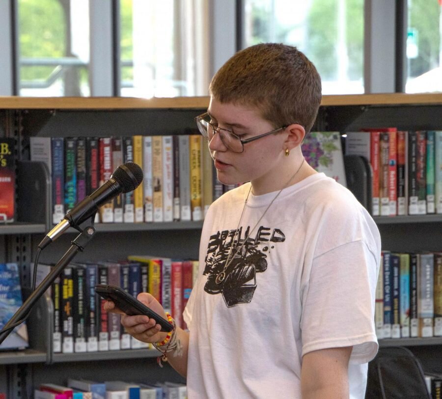 Skye McDonaldFreshman Casey Griffin shares some of their own writing at the annual Spilled Ink Gala.