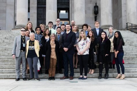 Advocates for the student free speech bill stand with Sen. Joe Fain outside the capitol building in Olympia after the signing of the bill. (Courtesy of Senator Fain’s office)