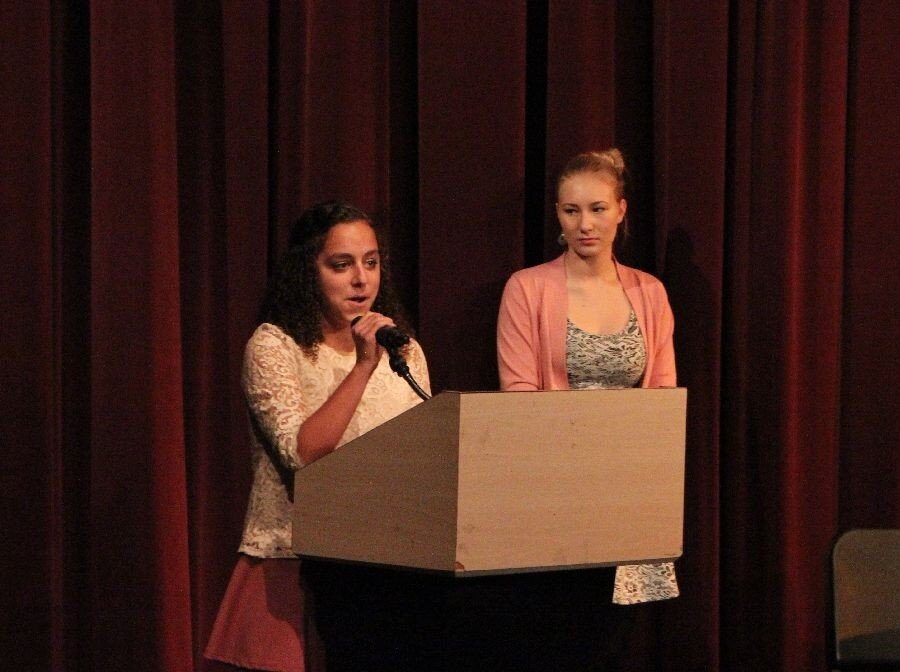 Avary LenzSophia Konugres presents her speech at freshman elections as ASB President Lindsay Fasser stands by.