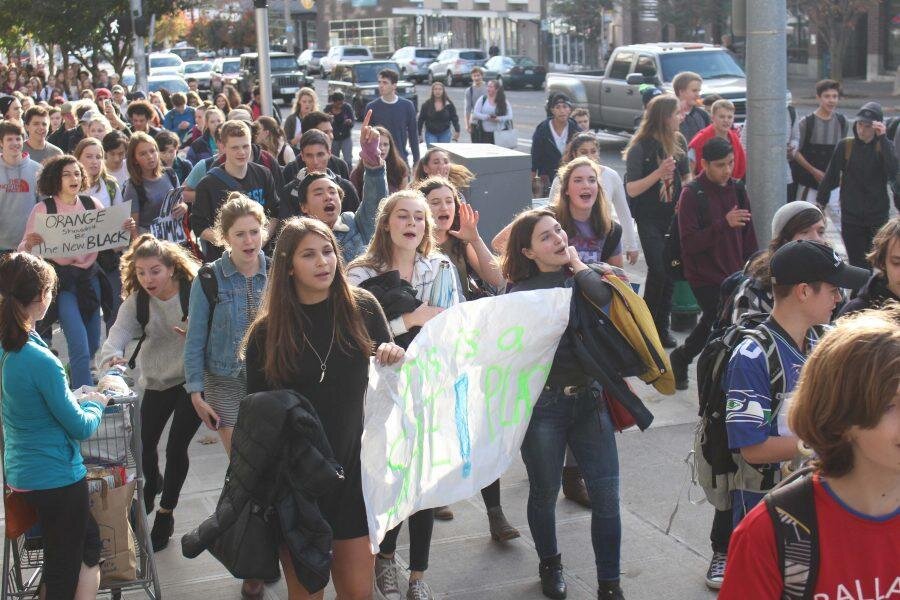 Miles WhitworthBallard students walk out in protest of the Trump presidency. Similar walkouts occurred in high schools and middle schools across the district.