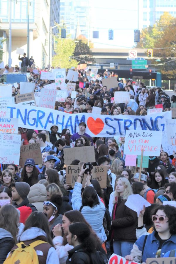 After students gathered at City Hall, organizers led the group in a march through the surrounding streets. Thousands gathered around the focal point of the march: the large banner that read, “Ingraham Strong.”