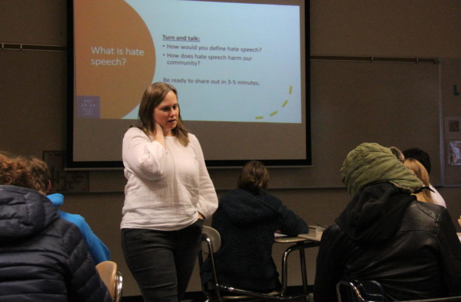 During the school-wide assembly on hate speech, English teacher April McKenna leads a discussion on hate speech.  Students are invited to share their thoughts. 