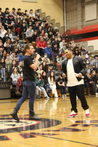 Assistant Principal David Fort (left) and Coach Malik Prince (right) open the MLK jr assembly put on by BSU in the main gym.
