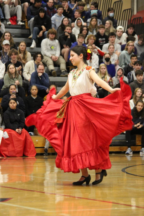 Violet Vargas (10) performed Mexican folklore (folklórico) to Palomita at the Multicultural Assembly on Mar. 31 in the gym.