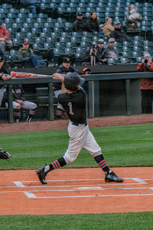 Senior Captain Max Finkelstein finishing his swing during a 4-1 victory over Kentridge at T-Mobile park. (Courtesy of Quinton Brewster)