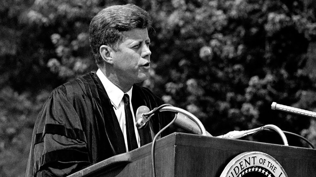 One of JFK's most famous speeches from American University, June 10, 1963, calling for the end of nuclear weapons and peace with the then, Soviet Union, which was delivered five months before his assassination. 
