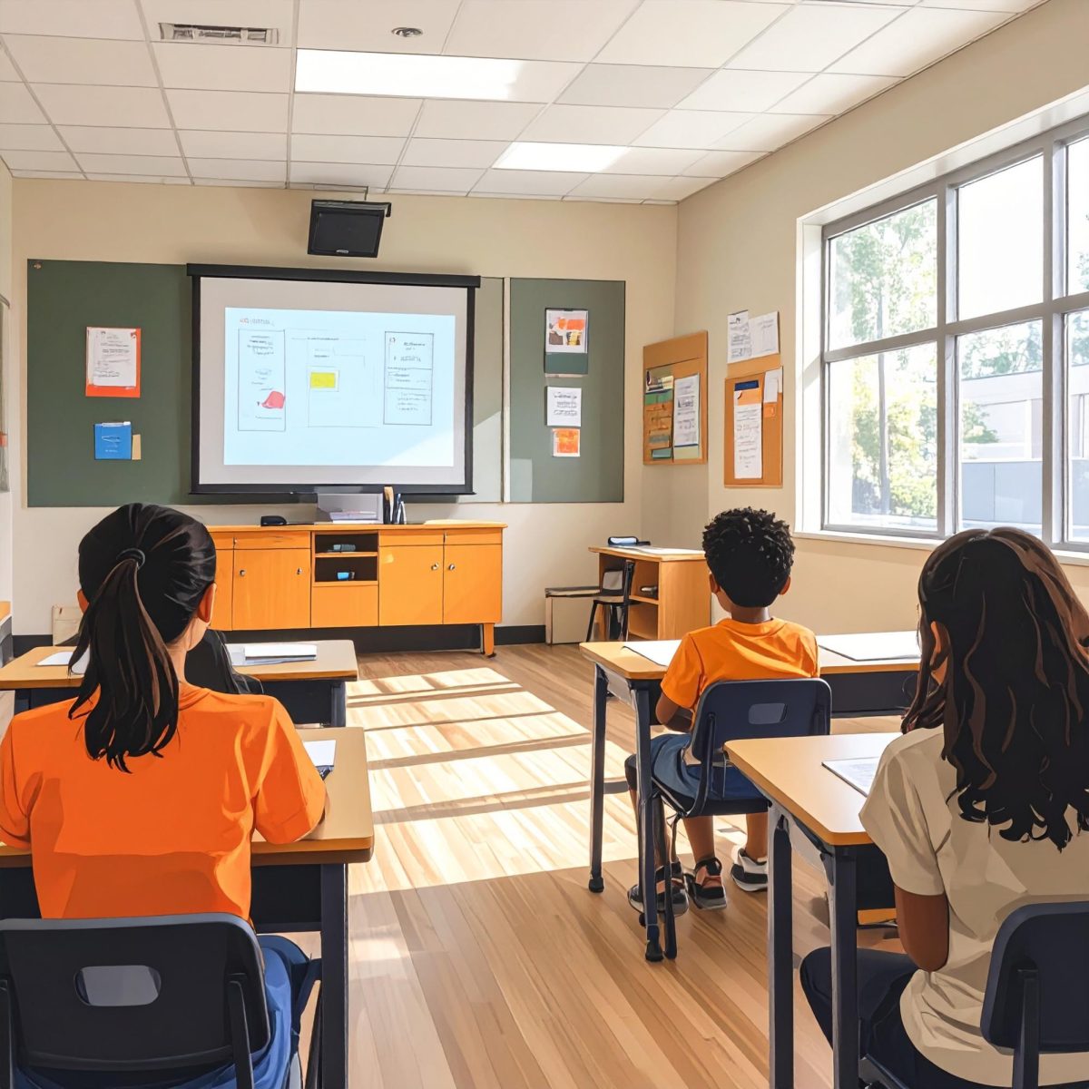 An Ai image generated from Adobe Express, which was given the task "to create an image of students learning about Ai in a classroom."